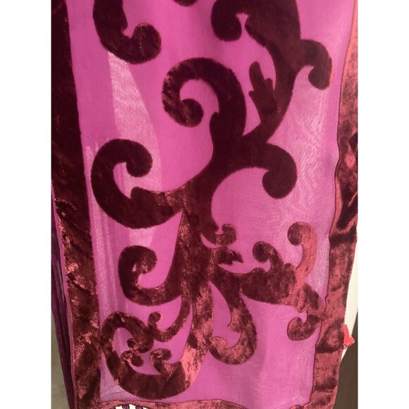 Vtg Anne Klein Sheer Nylon Velvet Plum Wine Scroll w Fringe Neck Scarf 7" x 64" - Picture 9 of 11
